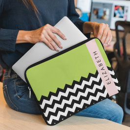 Zwart-wit Zigzag, Chevron, Groen, Jouw naam Laptop Sleeve