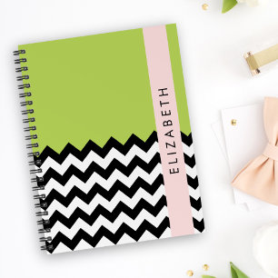 Zwart-wit Zigzag, Chevron, Groen, Jouw naam Notitieboek
