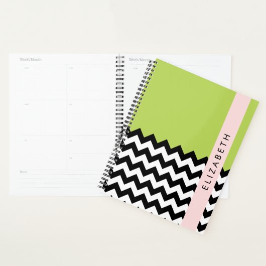 Zwart-wit Zigzag, Chevron, Groen, Jouw naam Planner (Display)