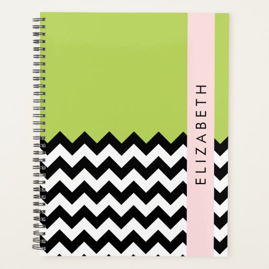 Zwart-wit Zigzag, Chevron, Groen, Jouw naam Planner (Voorkant)