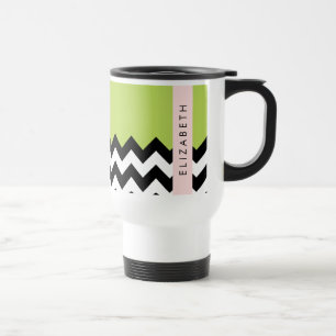 Zwart-wit Zigzag, Chevron, Groen, Jouw naam Reisbeker