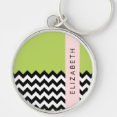 Zwart-wit Zigzag, Chevron, Groen, Jouw naam Sleutelhanger (Voorkant)