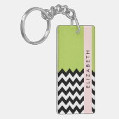 Zwart-wit Zigzag, Chevron, Groen, Jouw naam Sleutelhanger (Voorkant Links)
