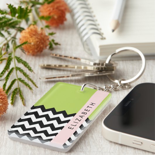 Zwart-wit Zigzag, Chevron, Groen, Jouw naam Sleutelhanger (Voorkant Rechts)