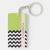 Zwart-wit Zigzag, Chevron, Groen, Jouw naam Sleutelhanger (achterkant)