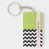 Zwart-wit Zigzag, Chevron, Groen, Jouw naam Sleutelhanger (Voorkant)
