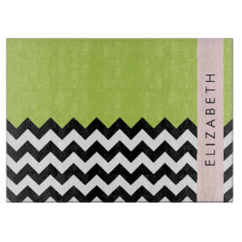 Zwart-wit Zigzag, Chevron, Groen, Jouw naam Snijplank