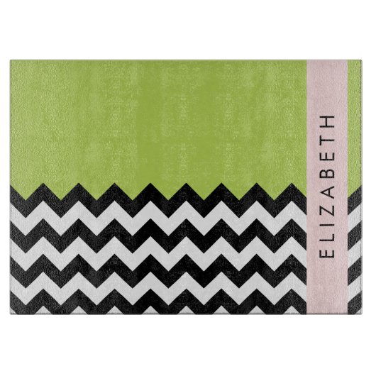 Zwart-wit Zigzag, Chevron, Groen, Jouw naam Snijplank (Voorkant)