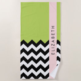 Zwart-wit Zigzag, Chevron, Groen, Jouw naam Strandlaken