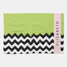 Zwart-wit Zigzag, Chevron, Groen, Jouw naam Theedoek