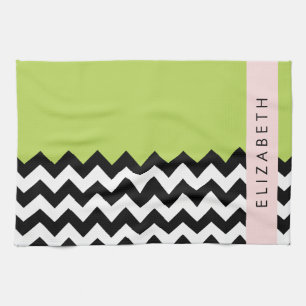 Zwart-wit Zigzag, Chevron, Groen, Jouw naam Theedoek