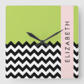Zwart-wit Zigzag, Chevron, Groen, Jouw naam Vierkante Klok (Voorkant)