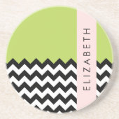 Zwart-wit Zigzag, Chevron, Groen, Jouw naam Zandsteen Onderzetter (Voorkant)