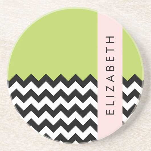 Zwart-wit Zigzag, Chevron, Groen, Jouw naam Zandsteen Onderzetter (Voorkant)