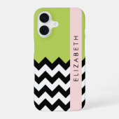 Zwart-wit zigzag, Chevron, Groen, Uw naam iPhone 16 Hoesje (Achterkant)