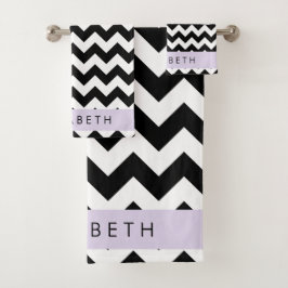 Zwart-wit Zigzag, Chevron Pattern, Jouw naam Bad Handdoek