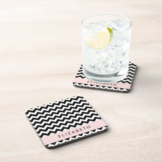 Zwart-wit Zigzag, Chevron Pattern, Jouw naam Bier Onderzetter (Rechterzijde)