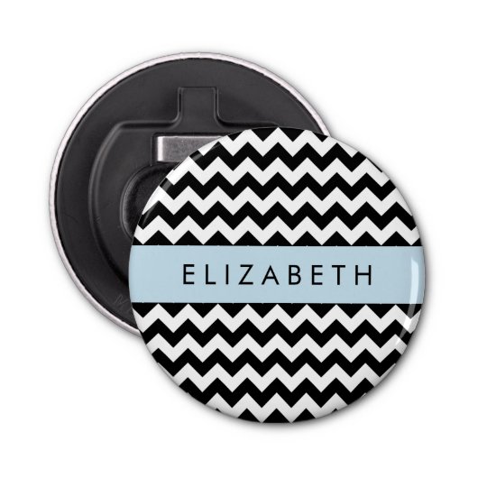Zwart-wit Zigzag, Chevron Pattern, Jouw naam Button Flesopener (Voorkant)