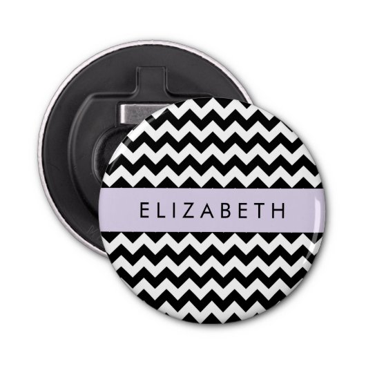 Zwart-wit Zigzag, Chevron Pattern, Jouw naam Button Flesopener (Voorkant)