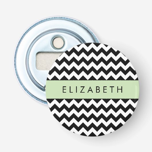 Zwart-wit Zigzag, Chevron Pattern, Jouw naam Button Flesopener (Voorkant)