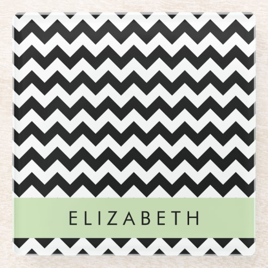 Zwart-wit Zigzag, Chevron Pattern, Jouw naam Glazen Onderzetter (Voorkant)