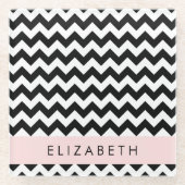 Zwart-wit Zigzag, Chevron Pattern, Jouw naam Glazen Onderzetter (Voorkant)