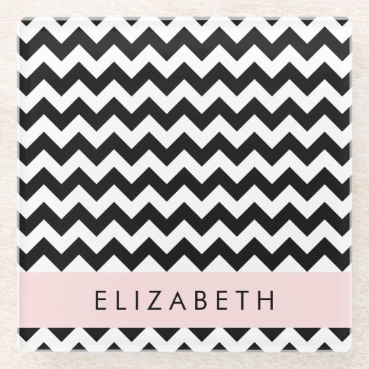 Zwart-wit Zigzag, Chevron Pattern, Jouw naam Glazen Onderzetter (Voorkant)