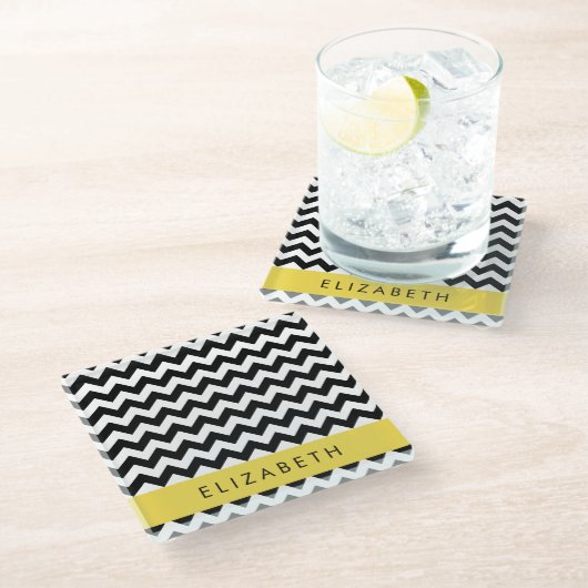 Zwart-wit Zigzag, Chevron Pattern, Jouw naam Glazen Onderzetter (Schuin)
