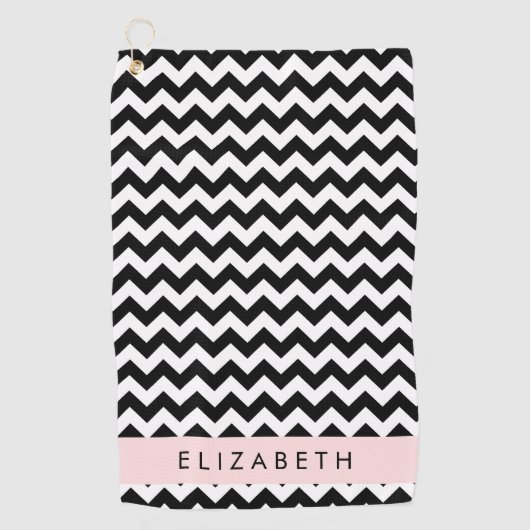 Zwart-wit Zigzag, Chevron Pattern, Jouw naam Golfhanddoek (Voorkant)
