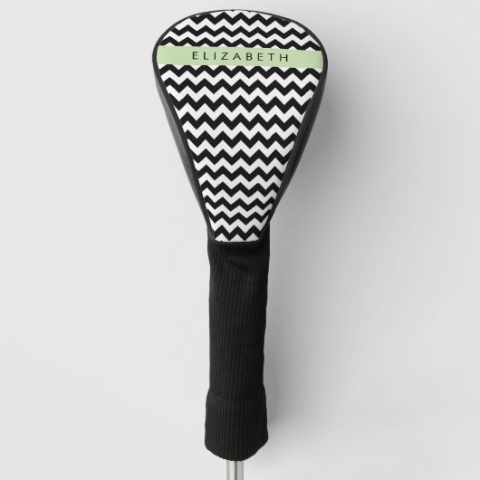 Zwart-wit Zigzag, Chevron Pattern, Jouw naam Golfheadcover (Voorkant)