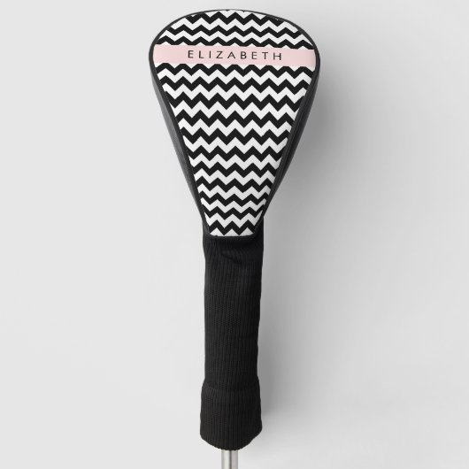 Zwart-wit Zigzag, Chevron Pattern, Jouw naam Golfheadcover (Voorkant)