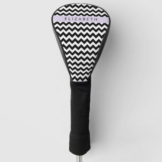 Zwart-wit Zigzag, Chevron Pattern, Jouw naam Golfheadcover (Voorkant)