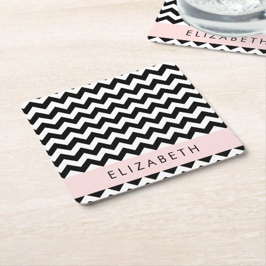 Zwart-wit Zigzag, Chevron Pattern, Jouw naam Kartonnen Onderzetters (Schuin)