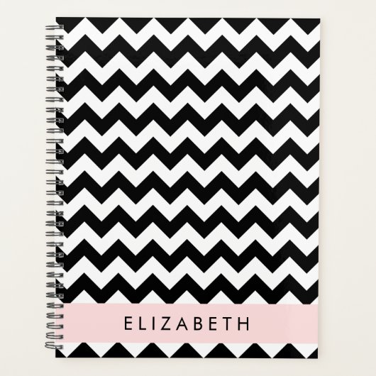 Zwart-wit Zigzag, Chevron Pattern, Jouw naam Planner (Voorkant)