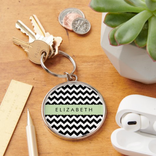 Zwart-wit Zigzag, Chevron Pattern, Jouw naam Sleutelhanger (Bureau)