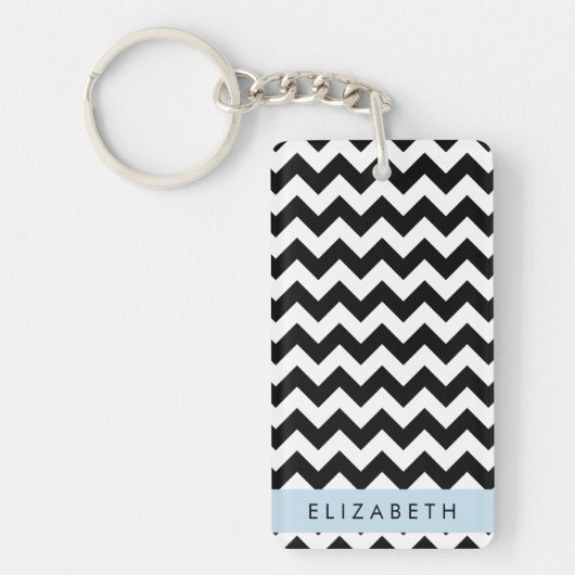 Zwart-wit Zigzag, Chevron Pattern, Jouw naam Sleutelhanger (Voorkant)