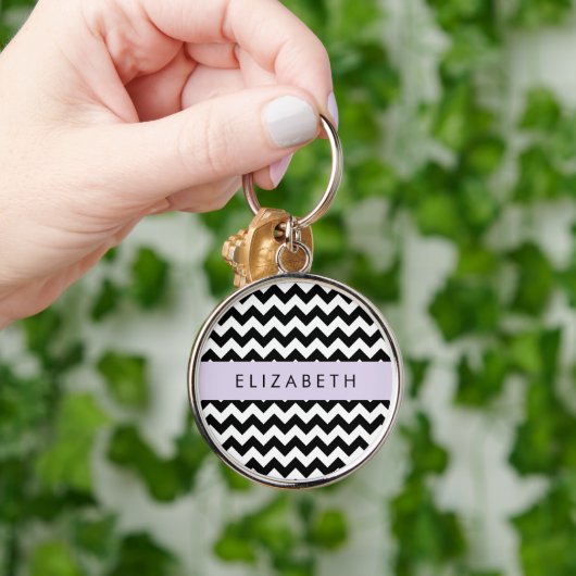 Zwart-wit Zigzag, Chevron Pattern, Jouw naam Sleutelhanger (Hand)