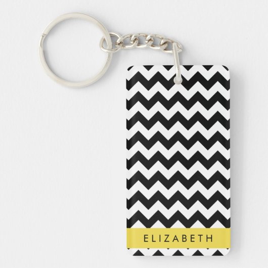 Zwart-wit Zigzag, Chevron Pattern, Jouw naam Sleutelhanger (Voorkant)