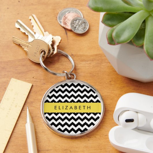 Zwart-wit Zigzag, Chevron Pattern, Jouw naam Sleutelhanger (Bureau)
