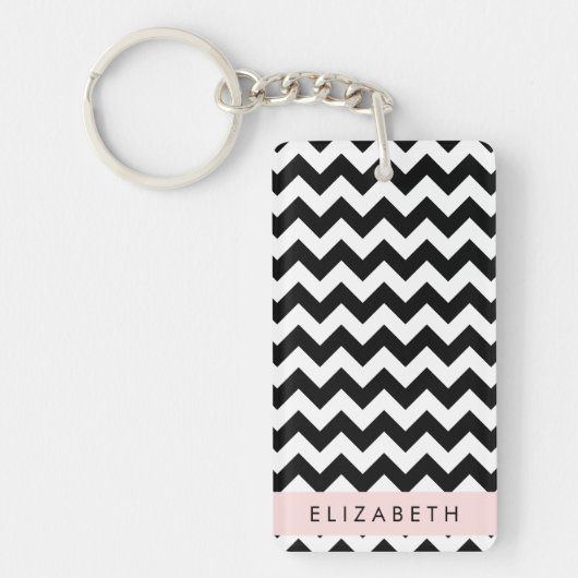 Zwart-wit Zigzag, Chevron Pattern, Jouw naam Sleutelhanger (Voorkant)