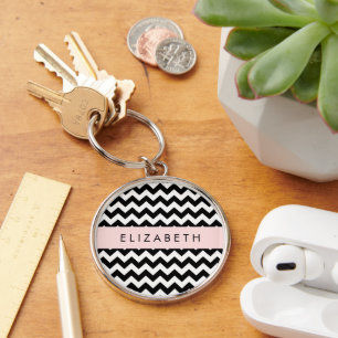 Zwart-wit Zigzag, Chevron Pattern, Jouw naam Sleutelhanger