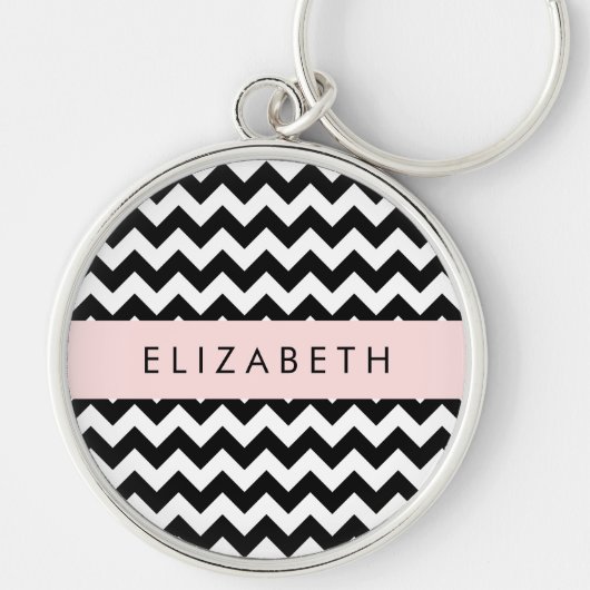 Zwart-wit Zigzag, Chevron Pattern, Jouw naam Sleutelhanger (Voorkant)