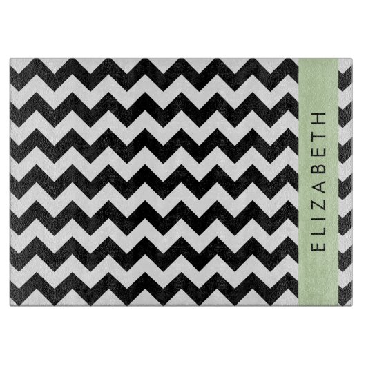 Zwart-wit Zigzag, Chevron Pattern, Jouw naam Snijplank (Voorkant)