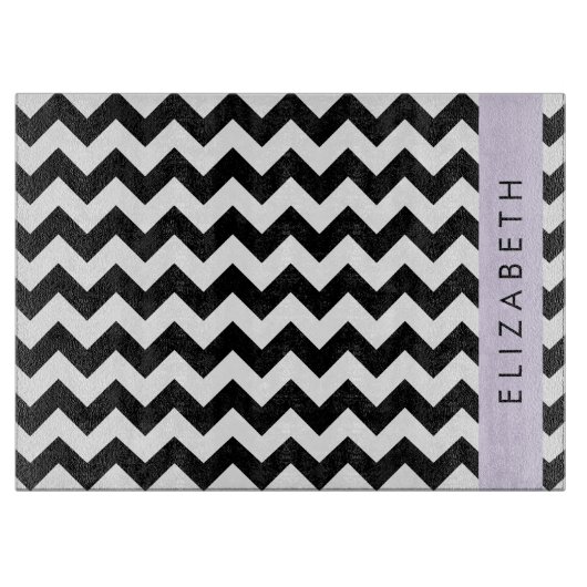 Zwart-wit Zigzag, Chevron Pattern, Jouw naam Snijplank (Voorkant)