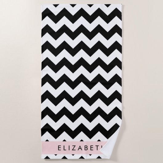 Zwart-wit Zigzag, Chevron Pattern, Jouw naam Strandlaken (Voorkant)