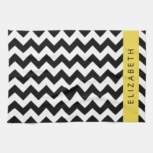 Zwart-wit Zigzag, Chevron Pattern, Jouw naam Theedoek (Horizontaal)