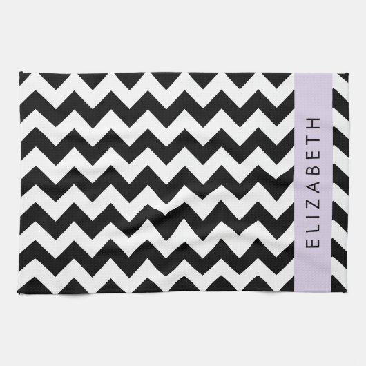 Zwart-wit Zigzag, Chevron Pattern, Jouw naam Theedoek (Horizontaal)
