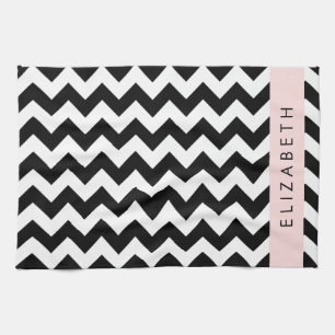 Zwart-wit Zigzag, Chevron Pattern, Jouw naam Theedoek