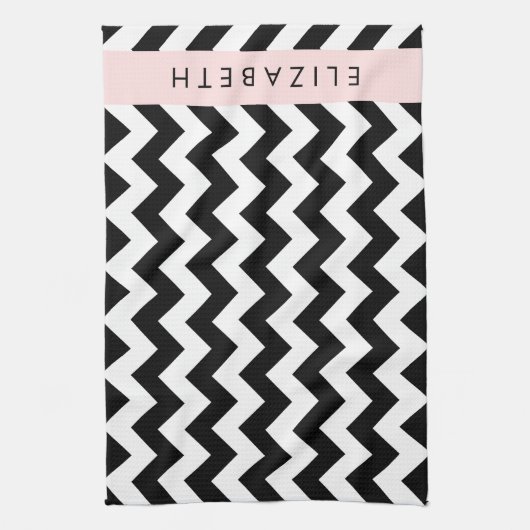 Zwart-wit Zigzag, Chevron Pattern, Jouw naam Theedoek (Verticaal)