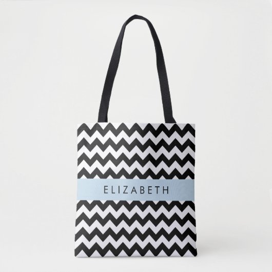 Zwart-wit Zigzag, Chevron Pattern, Jouw naam Tote Bag (Voorkant)